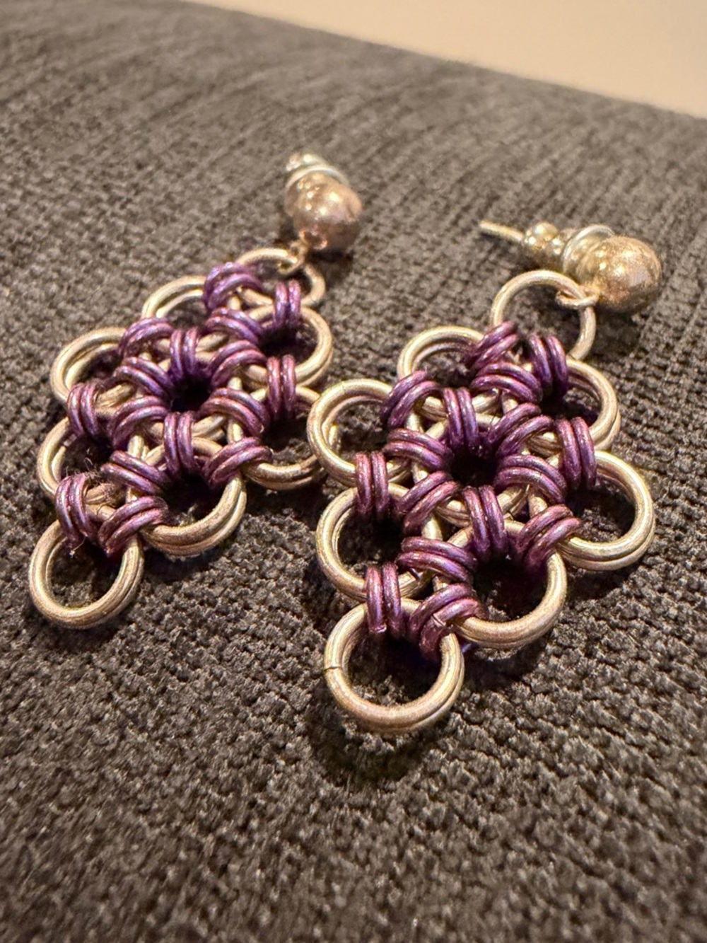Vintage Handwoven Purple Chainmaille Drop Earrings